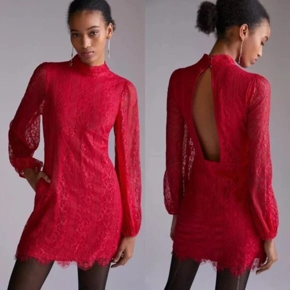 Anthropologie Maeve Raspberry Red Lace Mini Dress Open Back Size 2